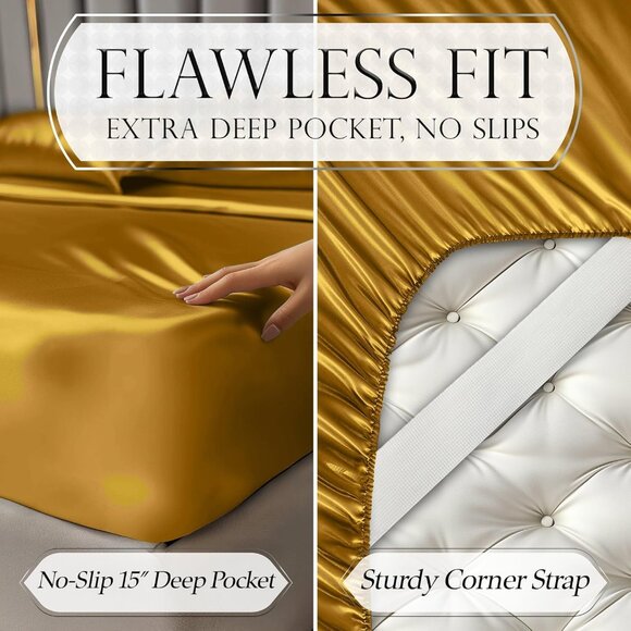 14- Satin 4 Piece Luxury Silky King Size Bedding Set 15" Deep - Picture 5 of 8